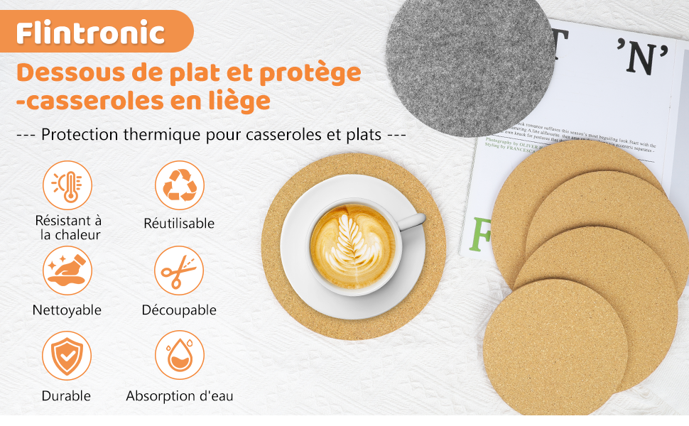 Le texte se lit comme suit : « Flintronic -casseroles en liège ». Schéma du produit montrant des maniques ou des dessous de plat de protection en liège avec des icônes indiquant des caractéristiques telles que la durabilité et l'absorption d'eau.