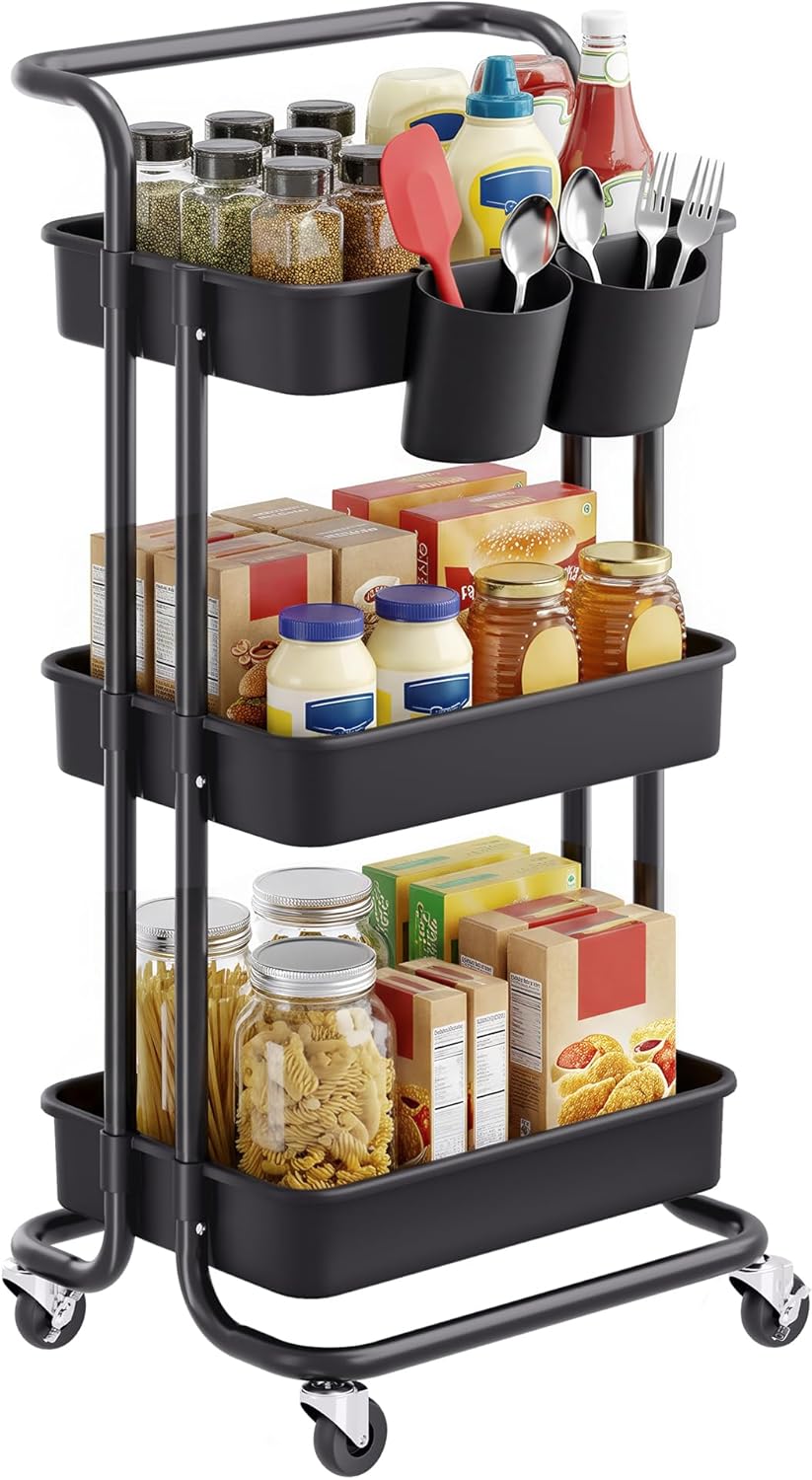 SONGMICS - Chariot roulant 3 niveaux acier/plastique, poignée, organisateurs, noir - BSC067B01