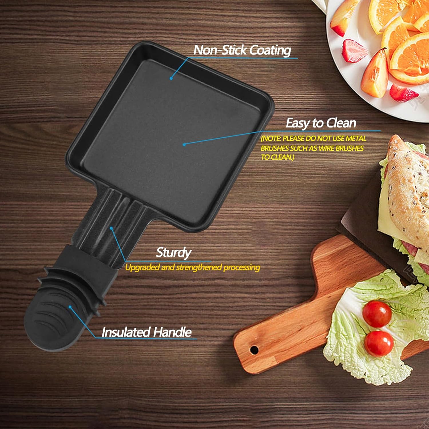 Poêlon à raclette triangulaire - 8 pièces, antiadhésif, avec spatules, coupelles, idéal fromage fondu, noir