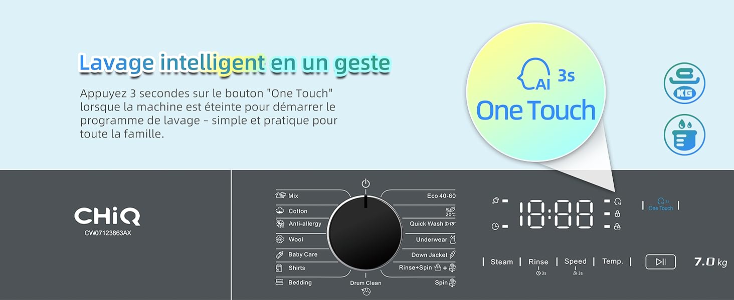 Panneau de commande d'une machine à laver avec affichage numérique, cadran et options de programme. Doté d'un bouton « One Touch » et d'une capacité de 7,0 kg. Le texte en français indique un lavage intelligent.