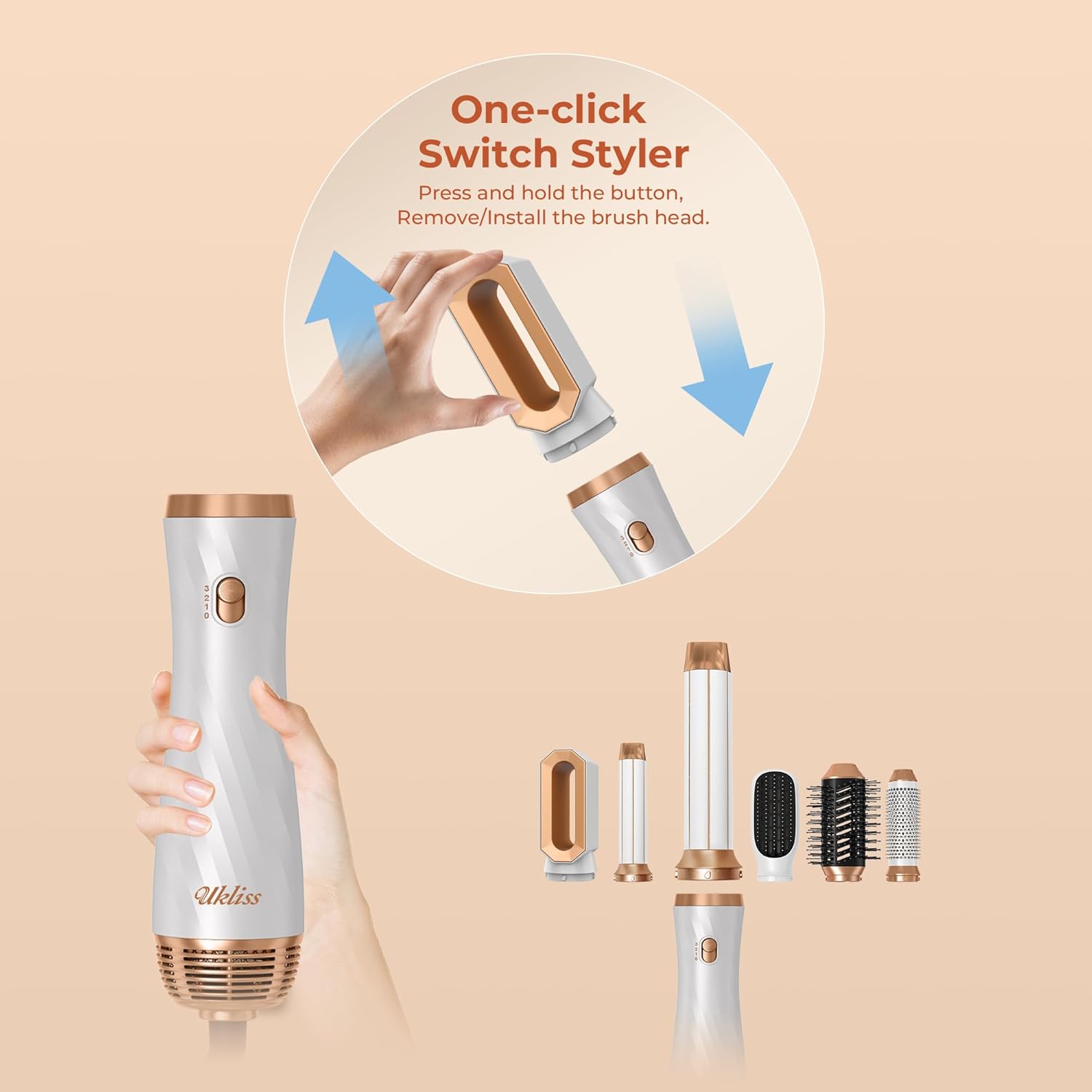 UKLISS - Airbrush 6 en 1 - Séchage, lissage, boucle - Blanc