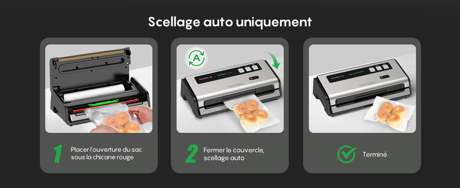 Le texte se lit comme suit : « Uniquation automatique de l'escellage ». Panneaux d'instructions supplémentaires illustrant les étapes de scellage sous vide avec des produits alimentaires et une machine.