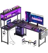 Coleshome Bureau Gaming Angle avec LED et Prises, 135 × 100 cm Bureau Gaming Réversible avec Étag...