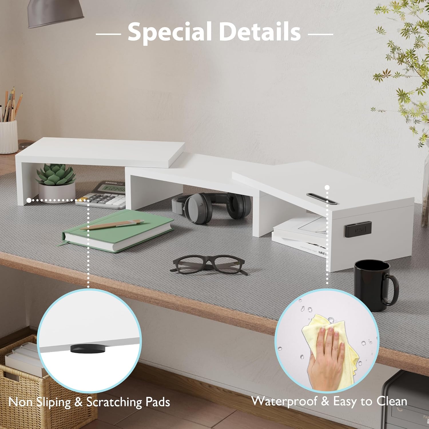 BONTEC - Support moniteur double réglable bois, blanc, longueur ajustable