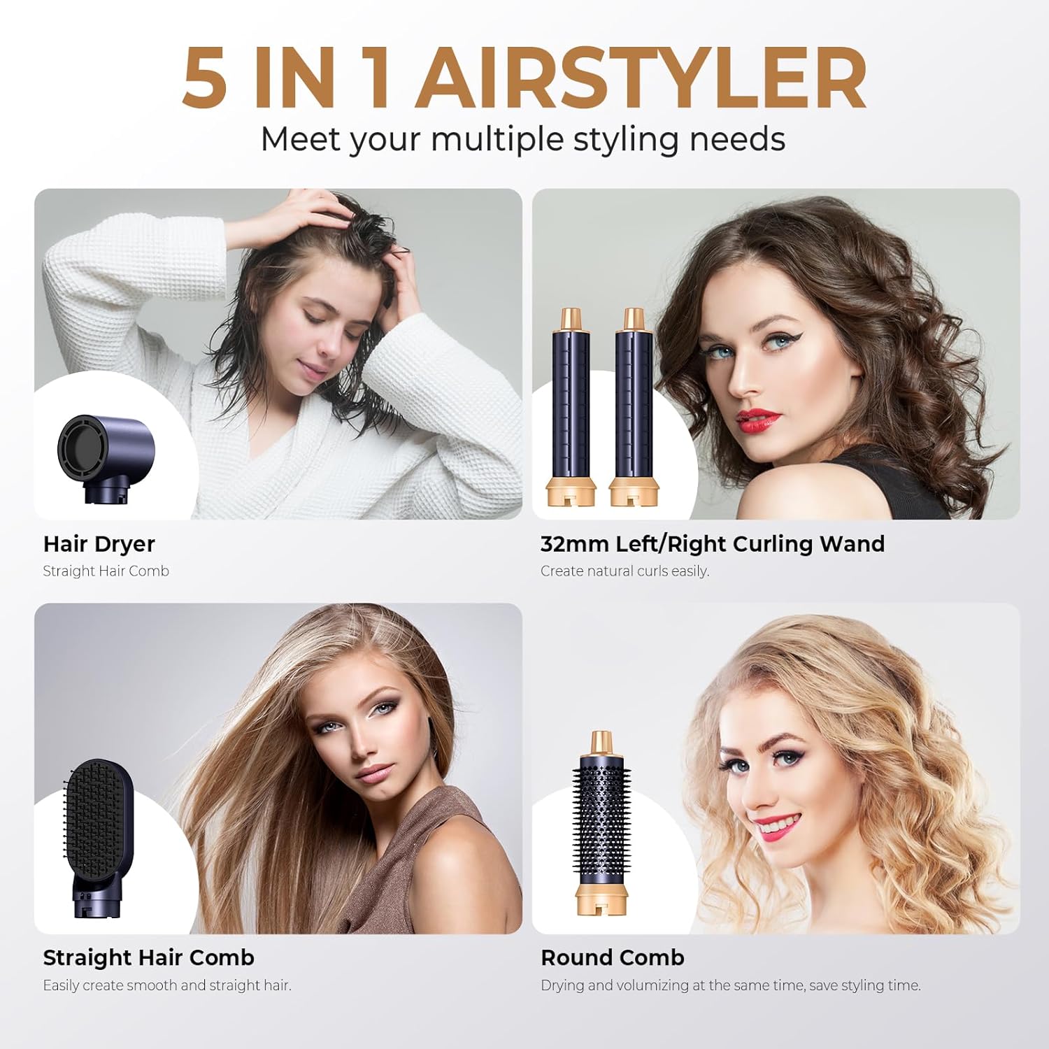 Hairstyler Air Styler 5 en 1, 1000W, ionique, brosse 30mm, réglable