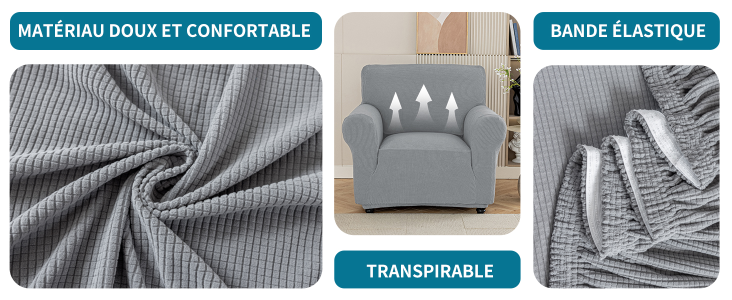 en tissu texturé extensible, dotée d'un matériau respirant et d'une coupe flexible pour les fauteuils, avec plusieurs vues du produit démontrant