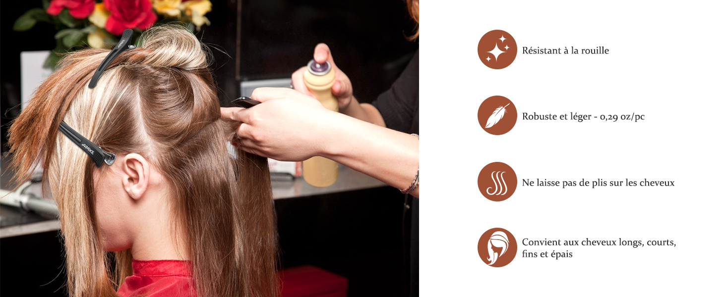 Schéma d'instructions de coiffure étape par étape montrant quatre icônes circulaires avec des illustrations brunes illustrant les techniques de coiffure.