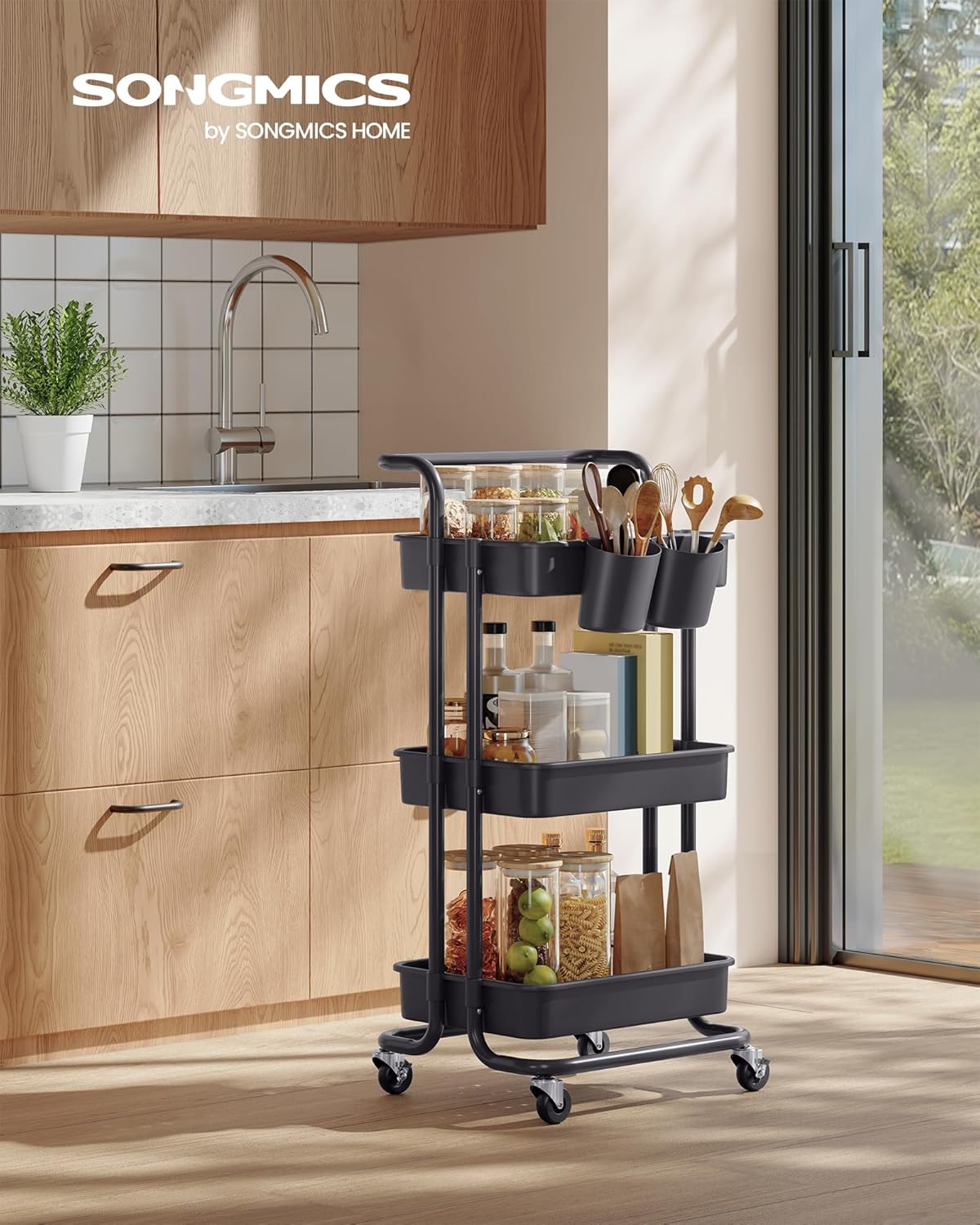 SONGMICS - Chariot roulant 3 niveaux acier/plastique, poignée, organisateurs, noir - BSC067B01