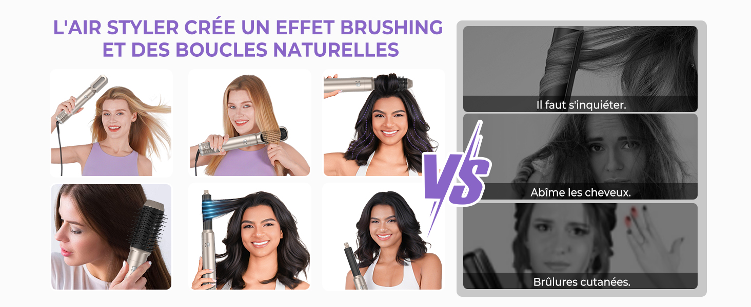 Le texte se lit comme suit : « L'AIR STYLER CRÉE UN EFFET BRUSHING ET DES BOUCLES NATURELLES ». Séquence didactique montrant les étapes de la coiffure à l'aide d'un outil de coiffage.