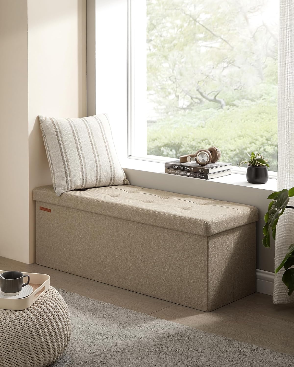 SONGMICS - Mazie Collection - banc pliable 110 cm, rangement bout de lit, montage facile, marron camel, LSF077R01