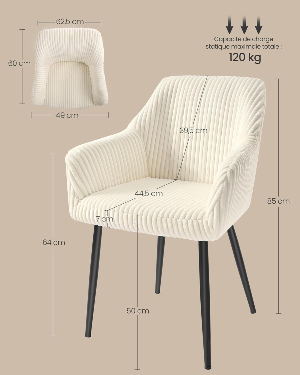 SONGMICS - Chaises salle à manger (lot de 6) - velours, accoudoirs, pieds métal, blanc crème, charge 120 kg - LDC087WD01