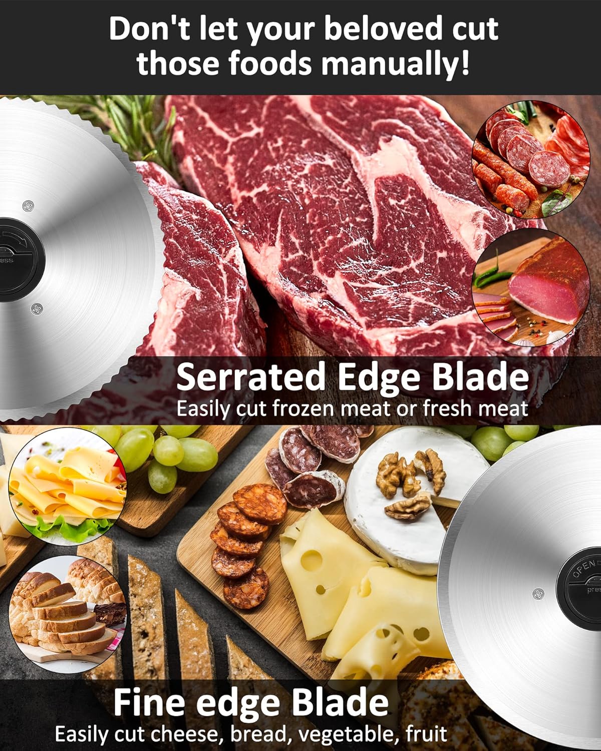 Trancheuse électrique inox – 200W, 2 lames, réglable 0-15mm