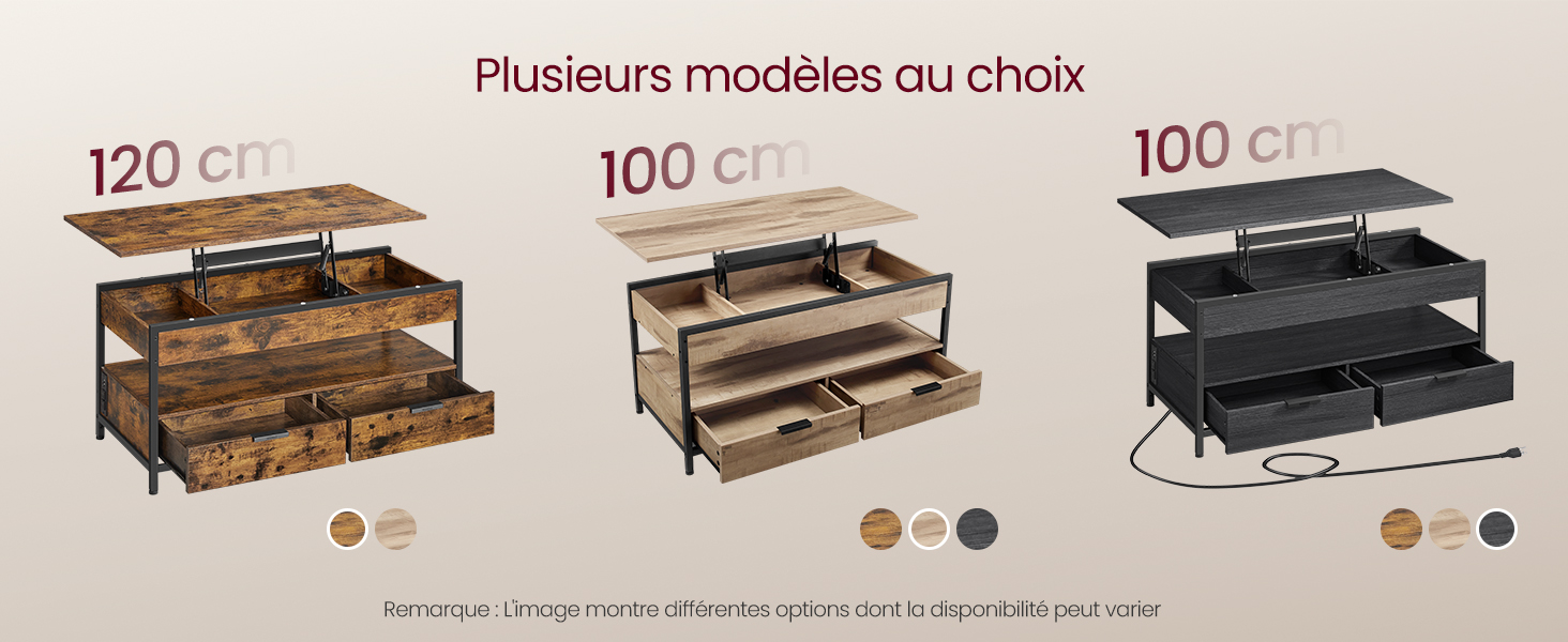 Organisateurs de rangement à trois niveaux présentés dans différentes tailles (120 cm, 100 cm) et différentes couleurs, y compris les tons bois et noir, avec tiroirs et compartiments coulissants