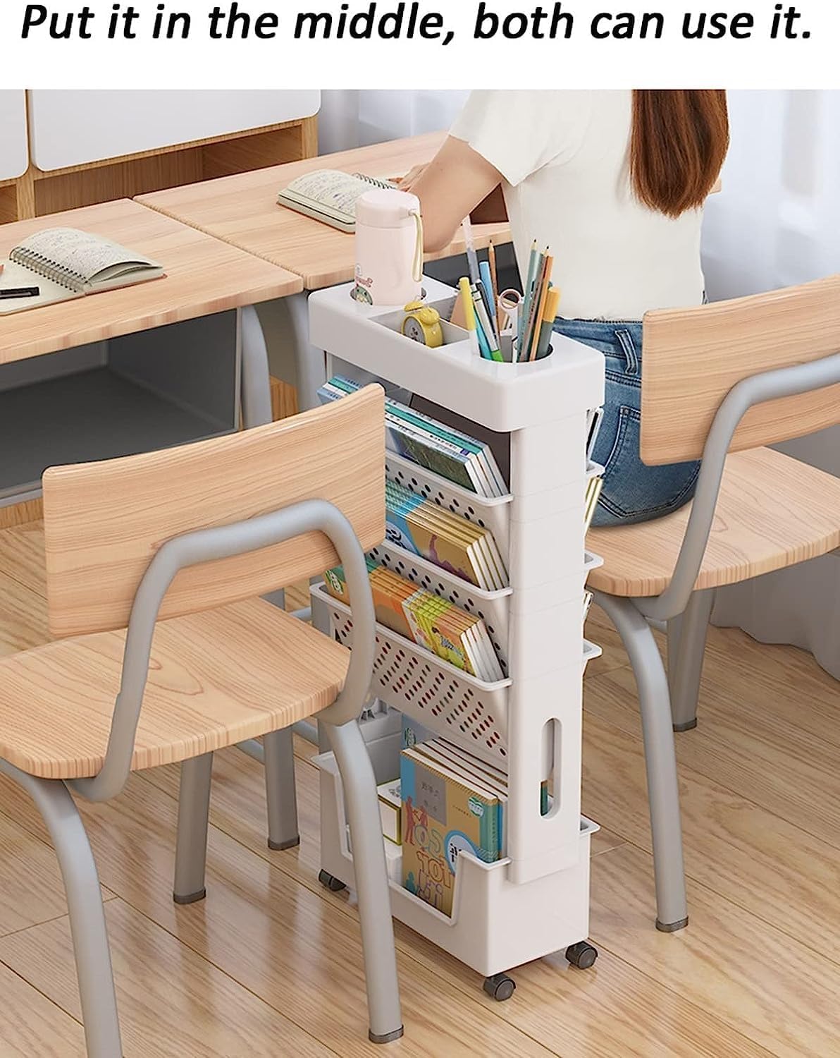 Étagère de bureau mobile - 5 niveaux - roulettes - rangement fin, organisateur porte-revues - pour classe, maison, cuisi