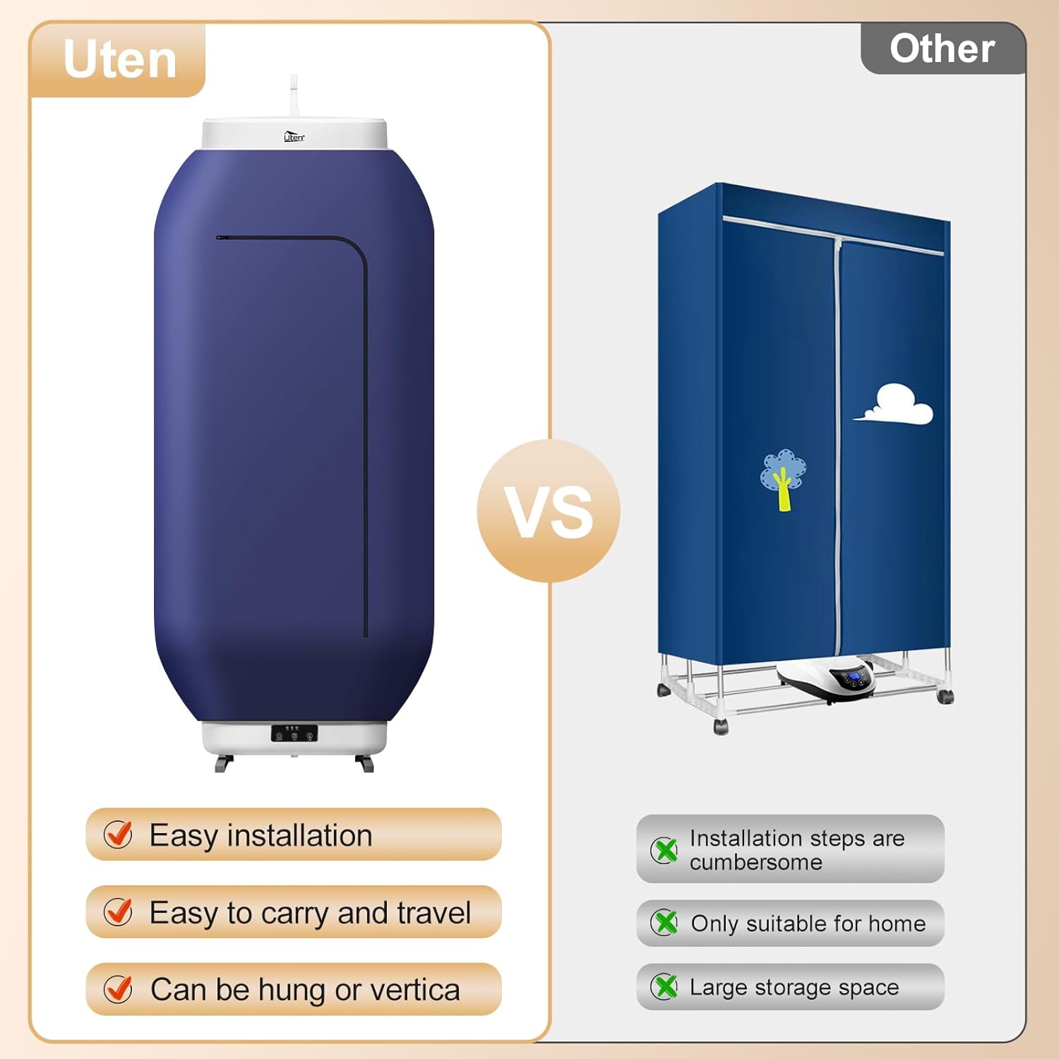 Uten - sèche-linge portable - compact 600W - minuterie amovible, à suspendre ou poser
