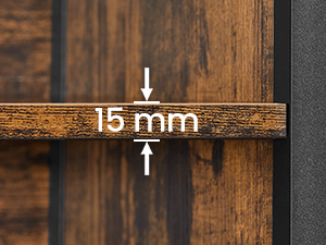 Schéma de mesure en gros plan montrant un espacement de 15 mm marqué sur une surface en bois avec des flèches de mesure et