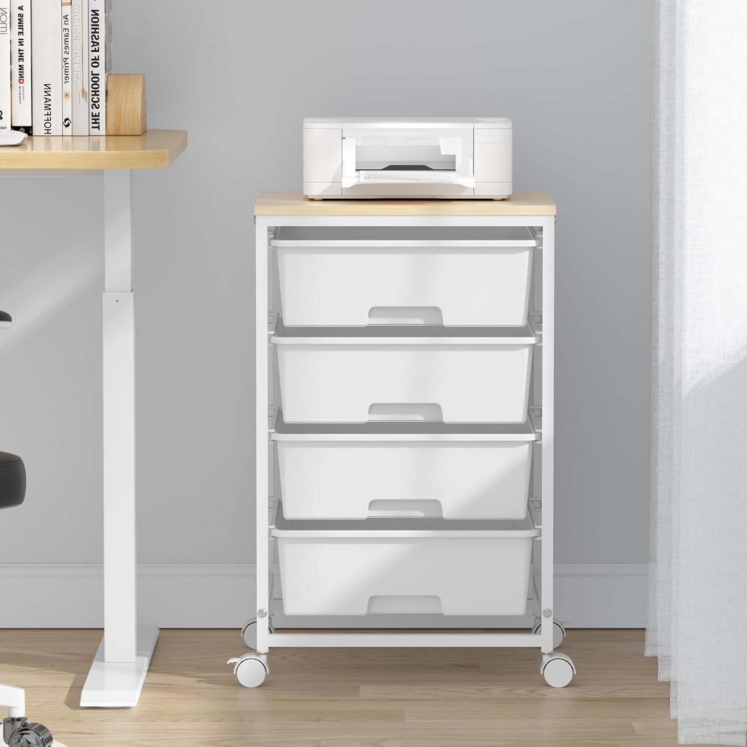 Chariot de rangement - 4 tiroirs, roulettes, plateau bois, blanc, grande capacité, cuisine/salon, 60x40x80 cm
