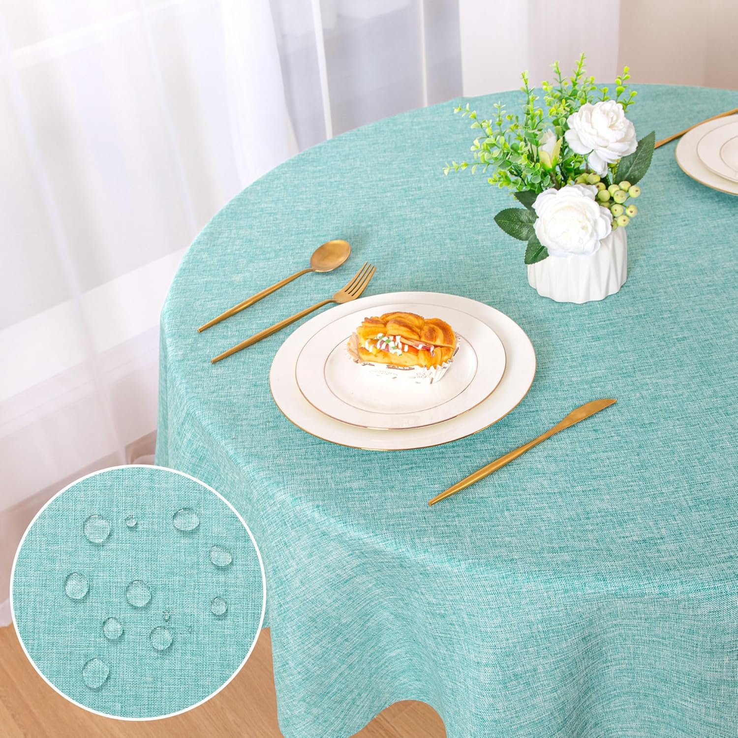 DWCN - nappe ronde effet lin 140cm, anti-tache lavable, imperméable