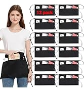 Tabliers noirs avec plusieurs poches pour ranger les smartphones, les blocs-notes et autres articles. Lot de 12 tabliers illustré, avec une femme portant un tablier démontrant son utilisation