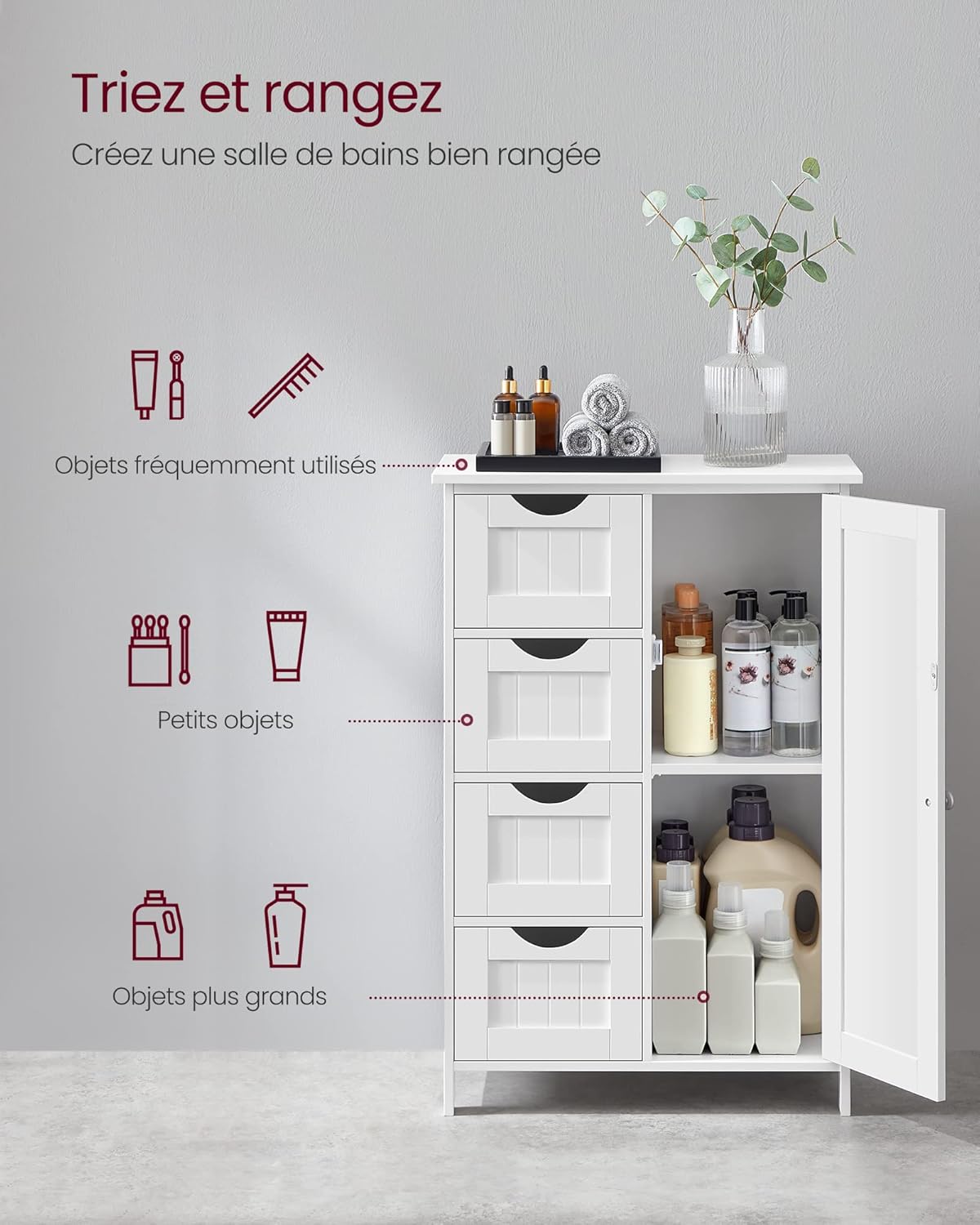 VASAGLE - meuble salle de bain à tiroirs, 30x55x82cm, blanc, LHC41W