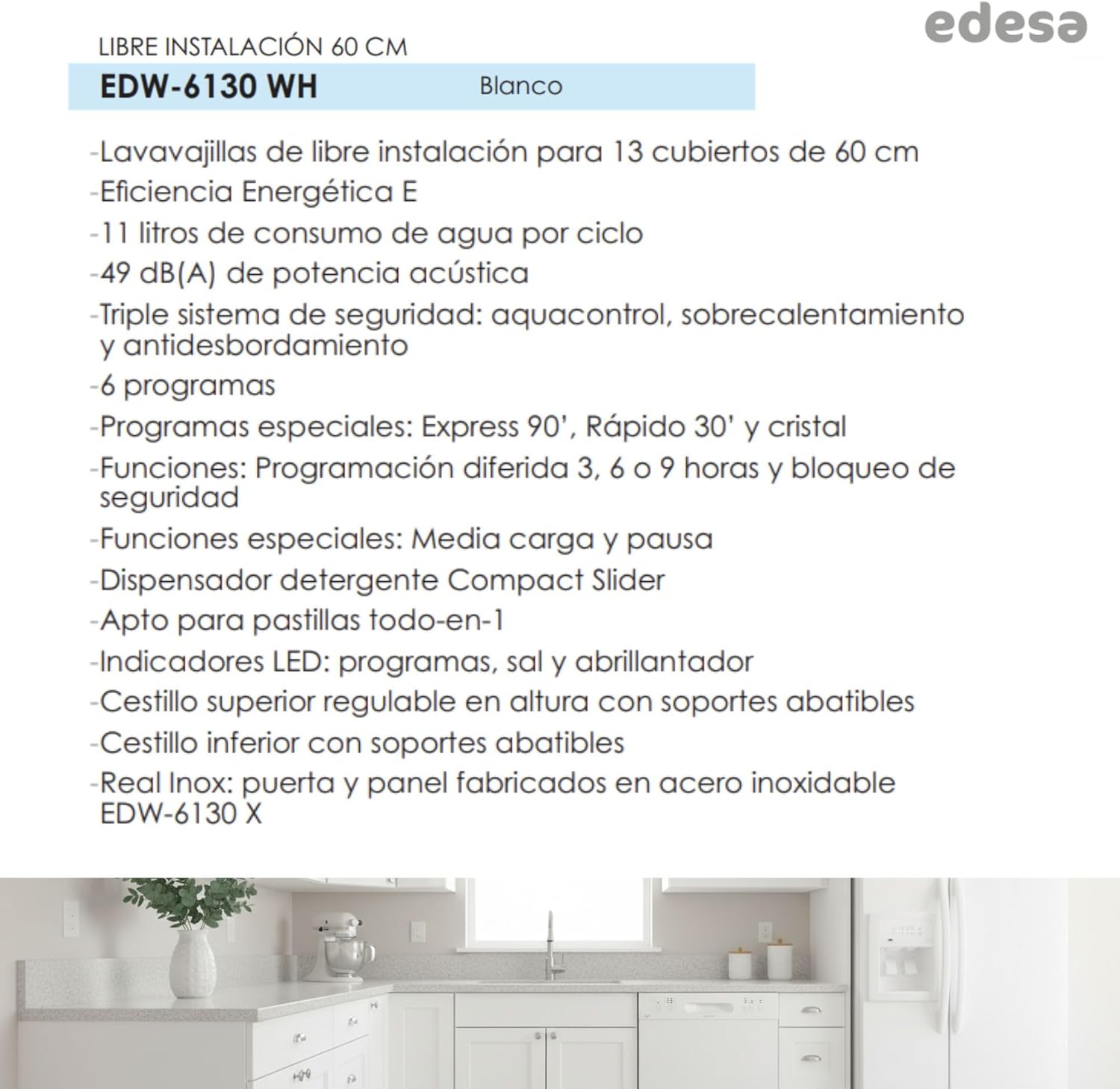 Edesa - lave-vaisselle série EDW - 60 cm - 6 programmes, blanc, classe E, EDW-6130 WH