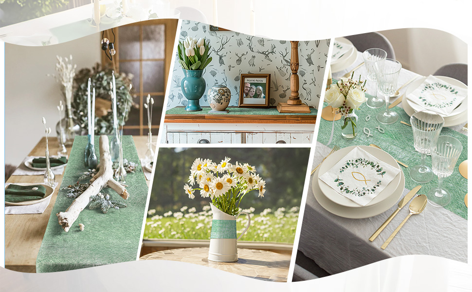Collage à trois panneaux de décors de table avec des éléments de décoration vert menthe, des bougies blanches et des arrangements floraux
