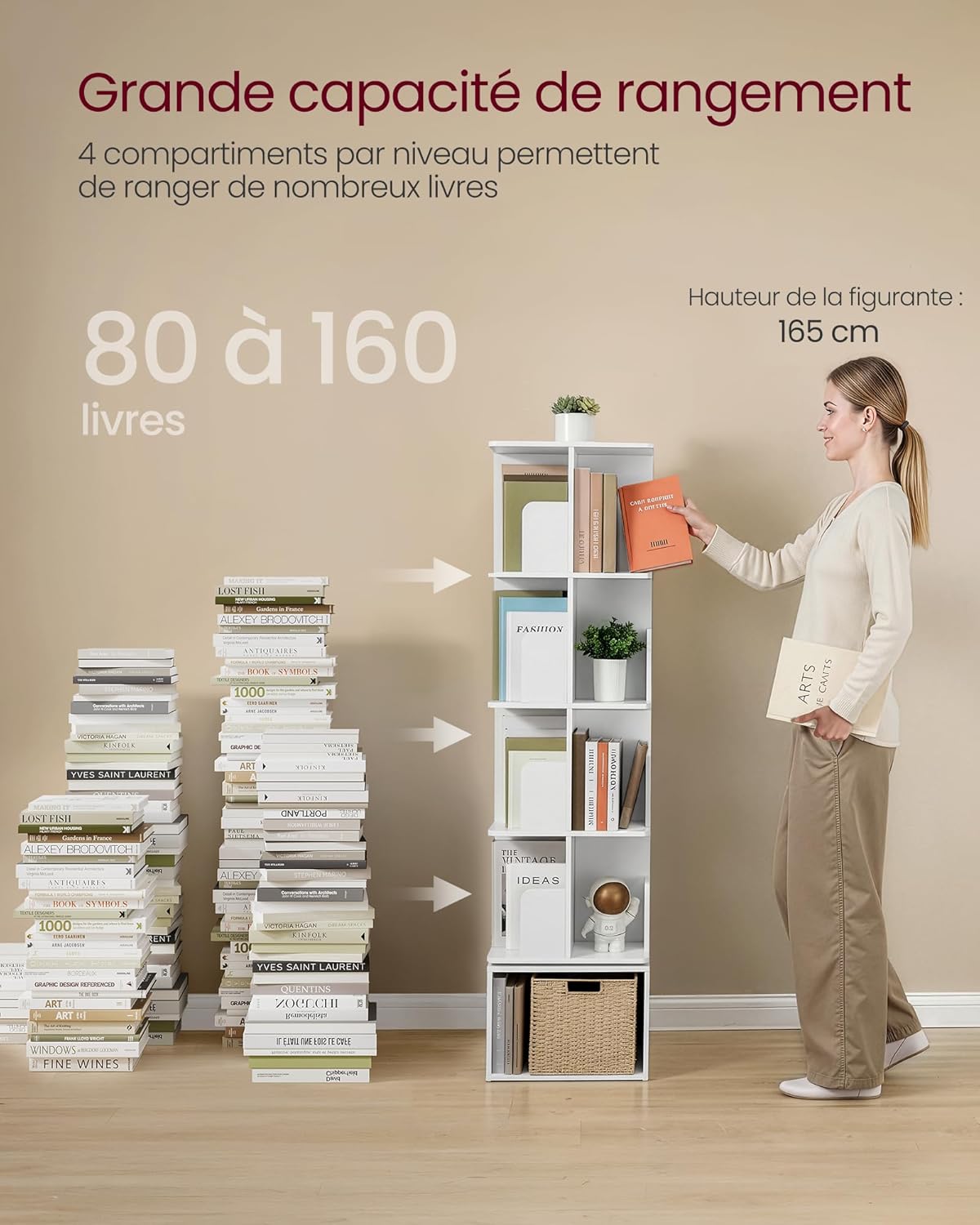 VASAGLE - Custos Collection - 40x40x155,8 cm - bibliothèque pivotante 5 niveaux, rotation 360°, blanc LBC472WB01