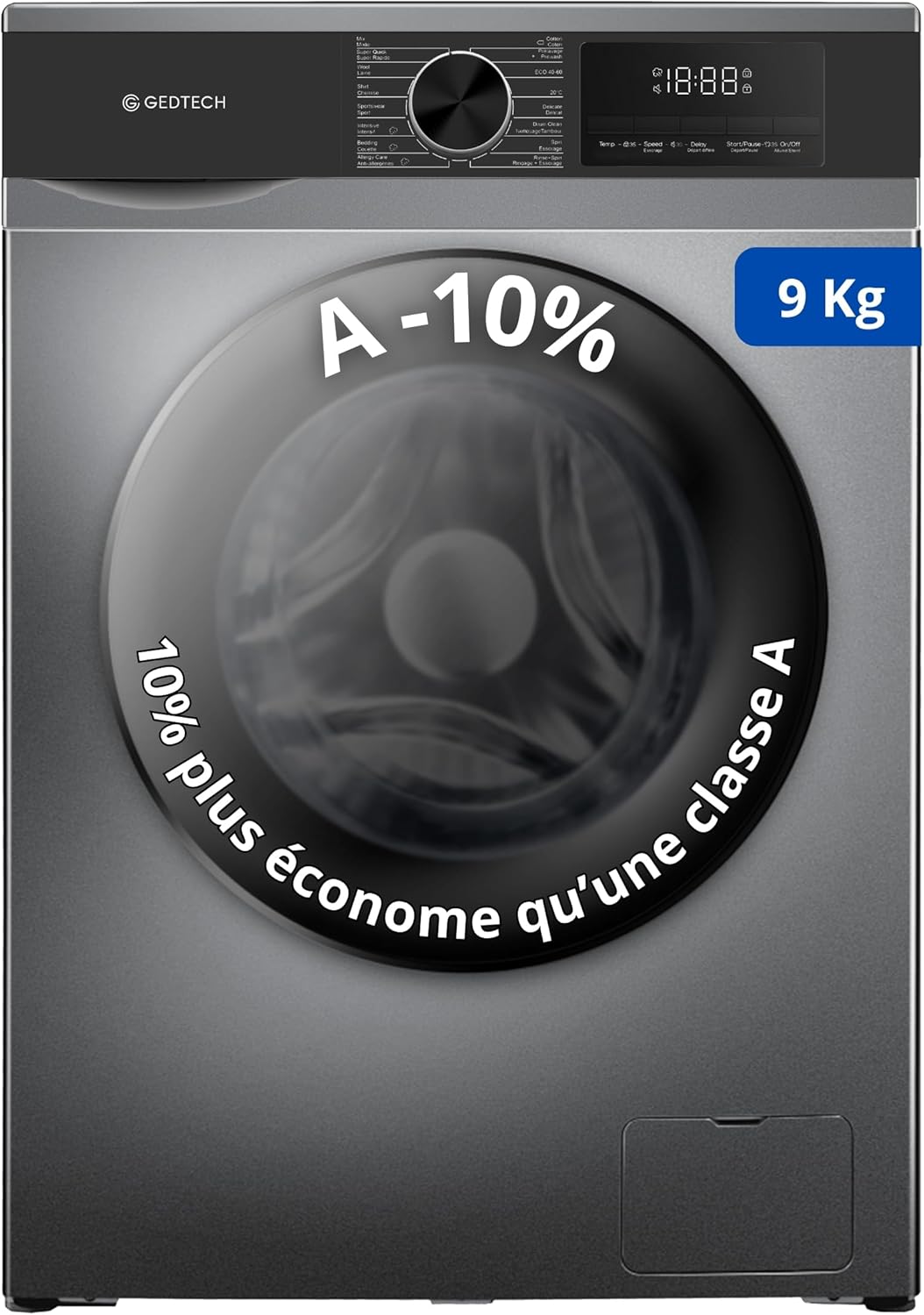 GEDTECH - lave-linge frontal 9kg, 1400 trs/min, eco, rapide, GLL91400DG