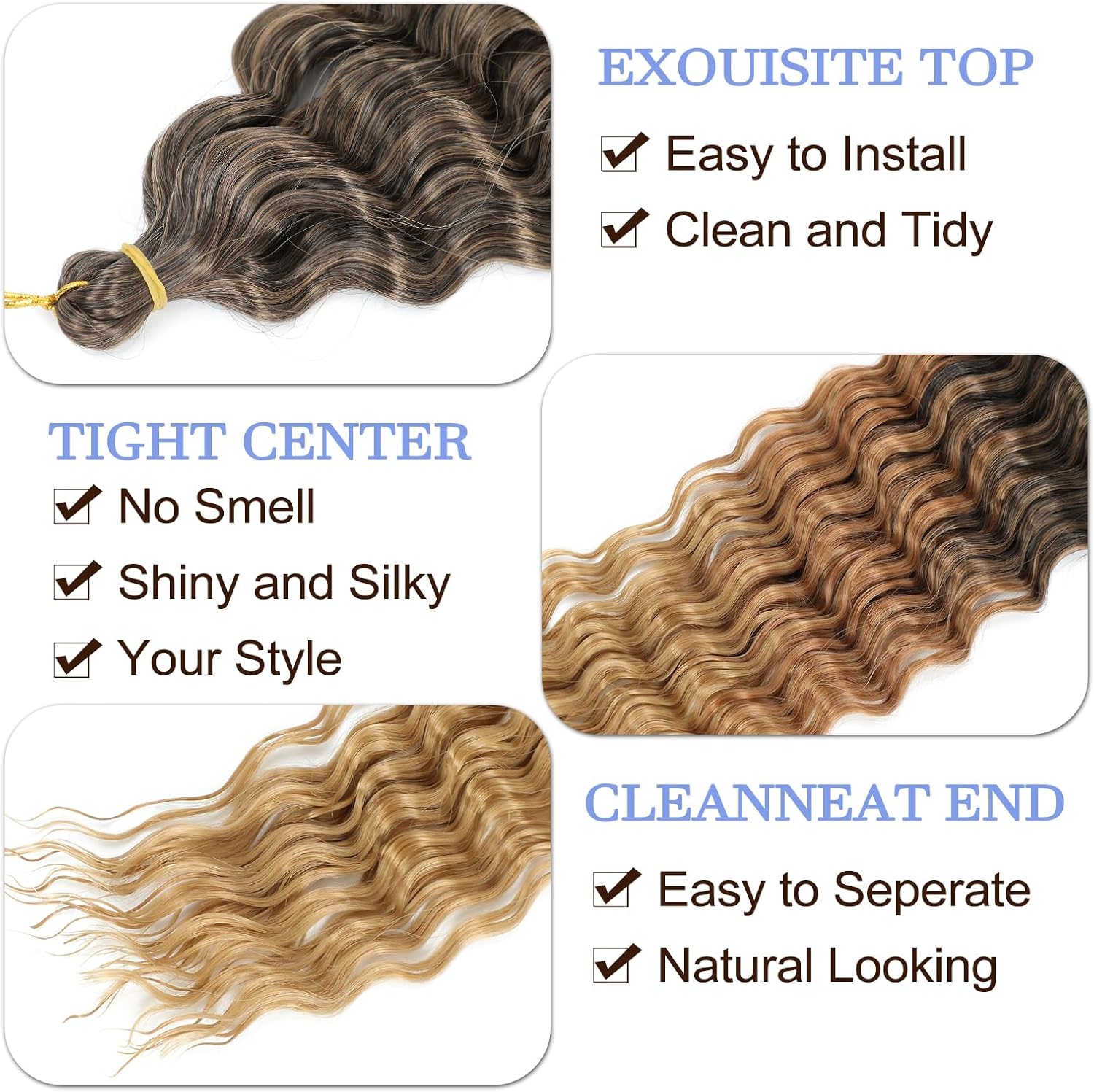 Ocean Wave cheveux Hair Extensions Deep Wave Braiding Crochet Hair Soft Synthetic Curly Braiding Crochet Hair for Black Women (18 inch (pack of 3）, 1B/30/27#)