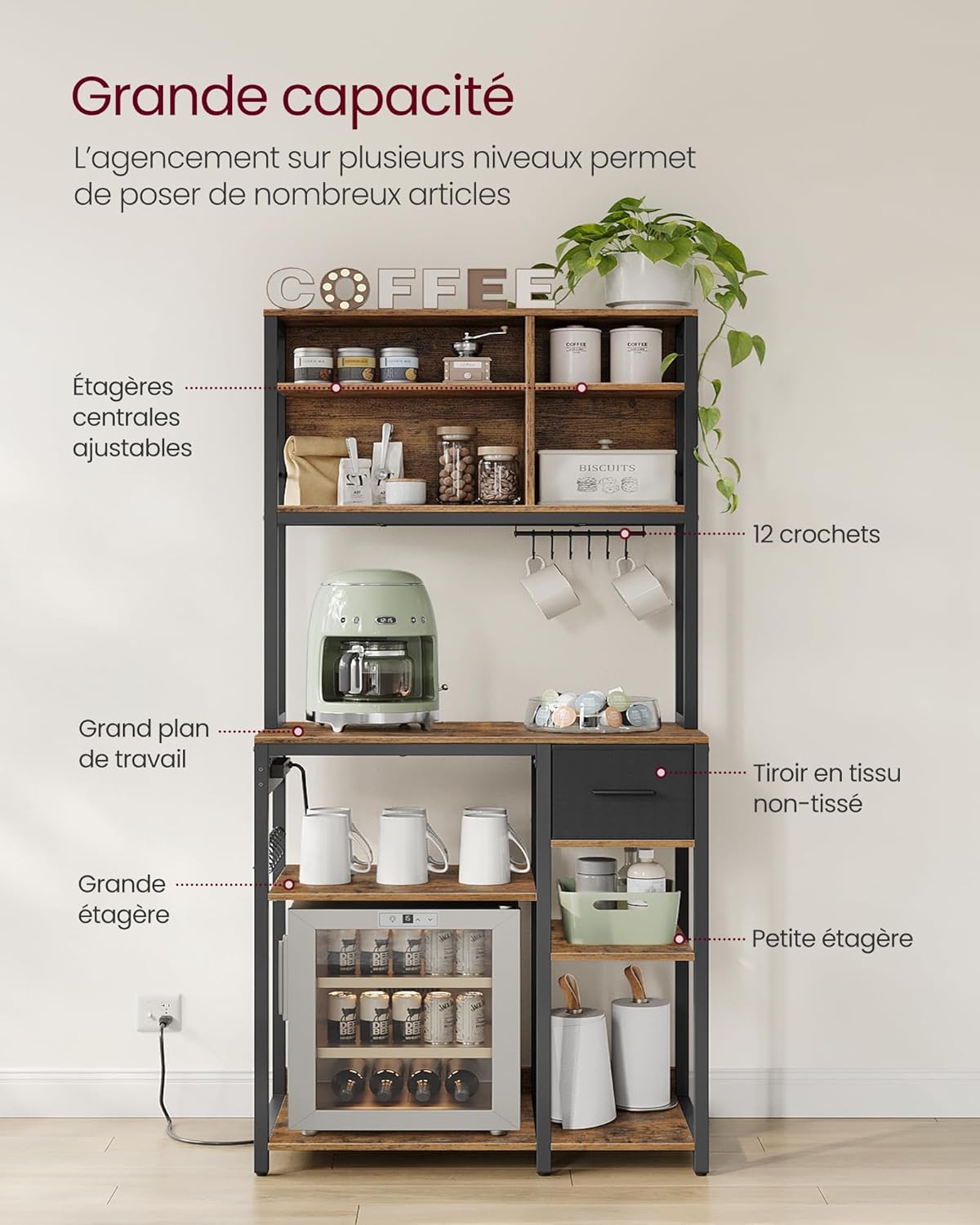 VASAGLE - étagère cuisine série KKS015K03 - 40x80x180 cm - multiprise, étagères réglables, tiroir tissu, 12 crochets