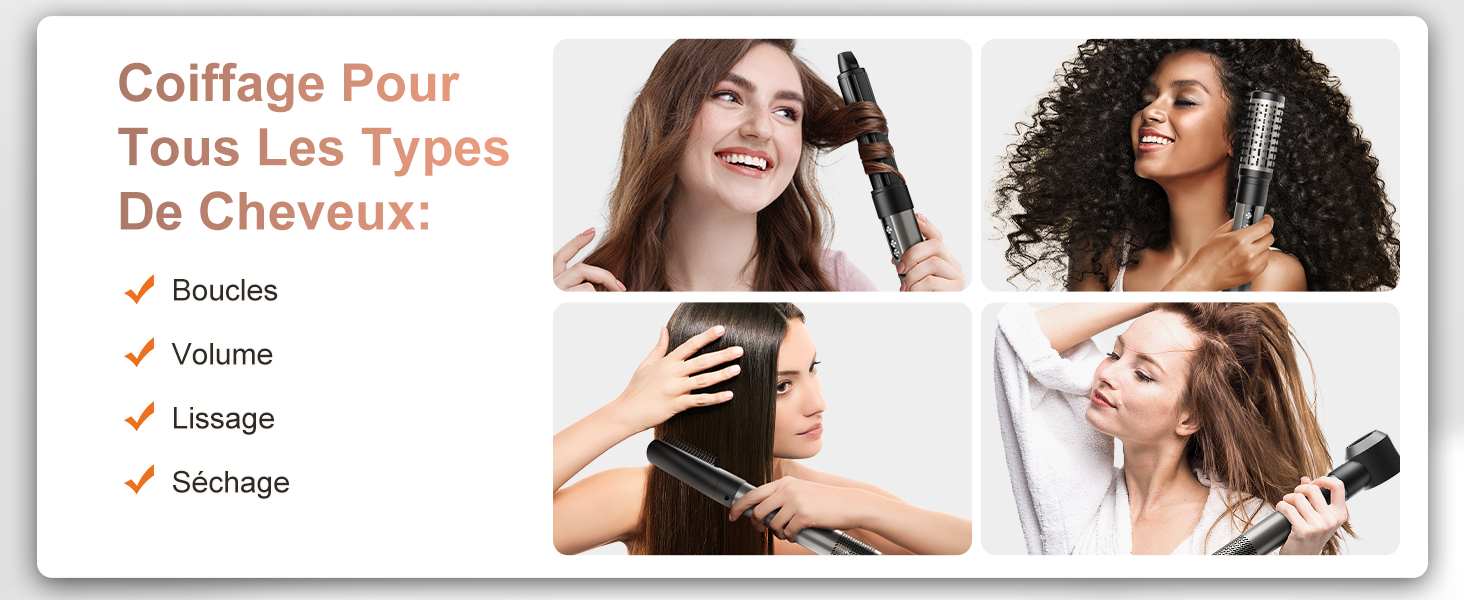 Le texte se lit comme suit : « Coiffage Pour Tous Les Types De Cheveux ». Collage de quatre scènes de coiffage montrant des techniques de soin des cheveux et de coiffage à l'aide de divers outils capillaires.