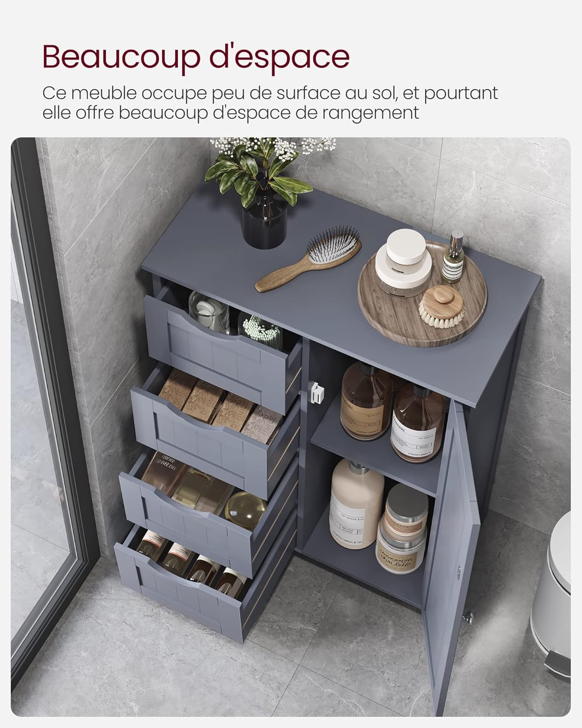 VASAGLE - armoire salle de bain, 30x55x82 cm, 4 tiroirs, porte, LHC41GY
