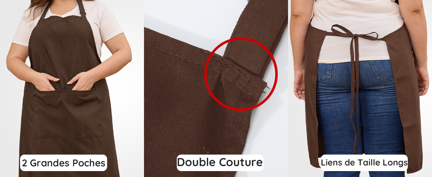 Plusieurs vues de produits montrant des vêtements de style tablier marron avec bretelles et poches réglables, présentés sous différents angles sur fond blanc.