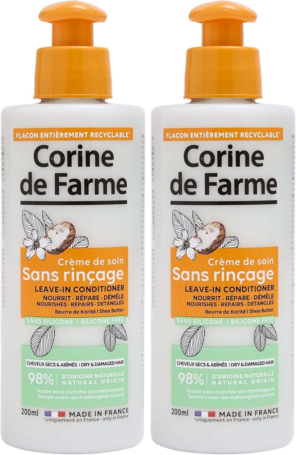 Corine de Farme - Crème Soin Sans Rinçage 200ml - Karité, cheveux secs, nourrit, répare, sans silicone (x2)