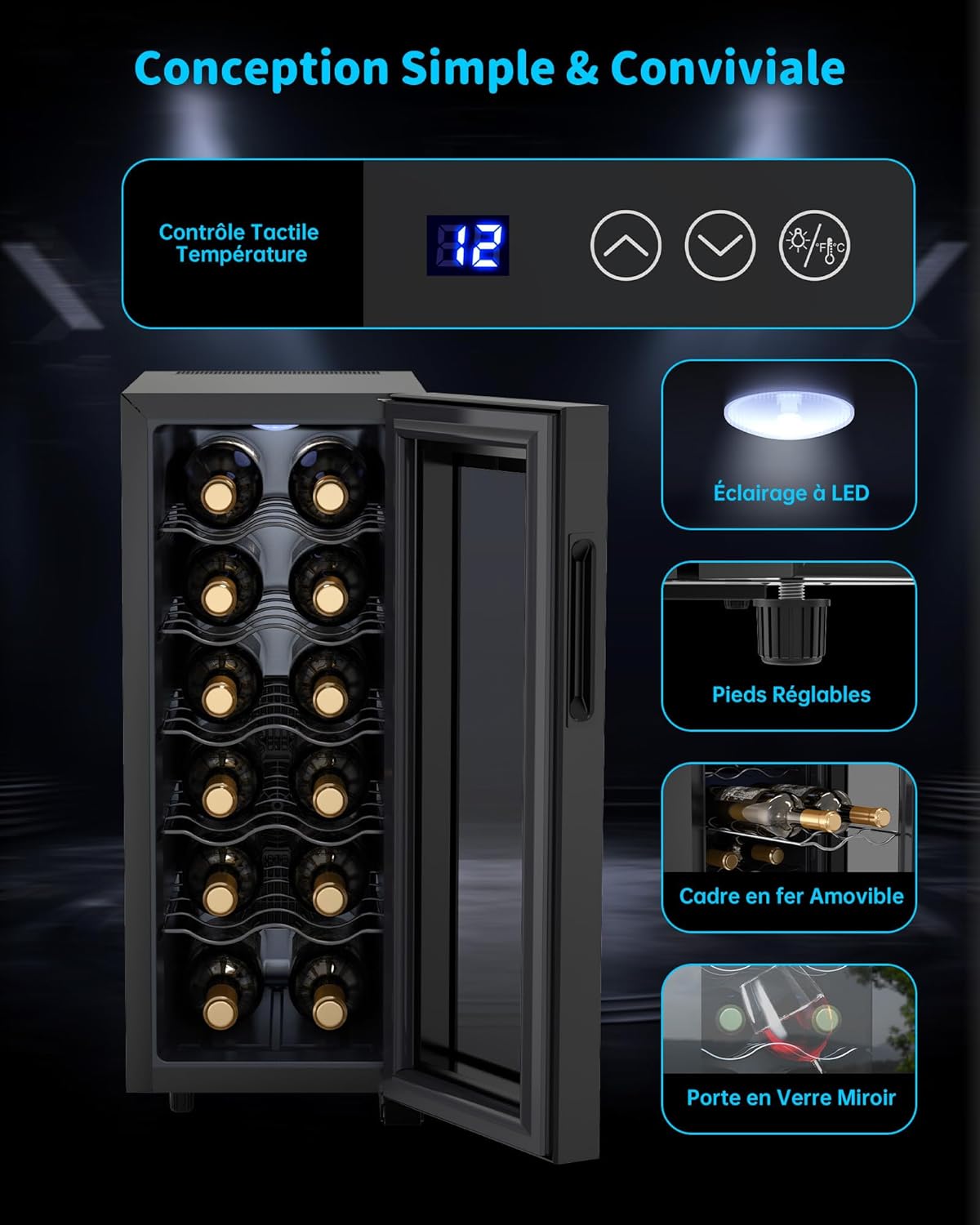 WIE - Cave à vin Mini - 33L - 12 bouteilles, miroir, LED, écran tactile