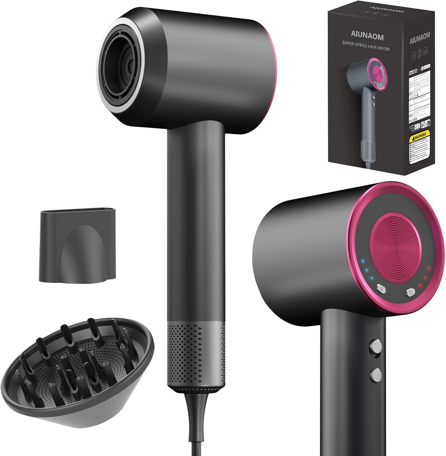 Sèche-cheveux ionique - 4 températures, 3 vitesses, moteur brushless, léger, diffuseur, accessoires magnétiques, 150000 