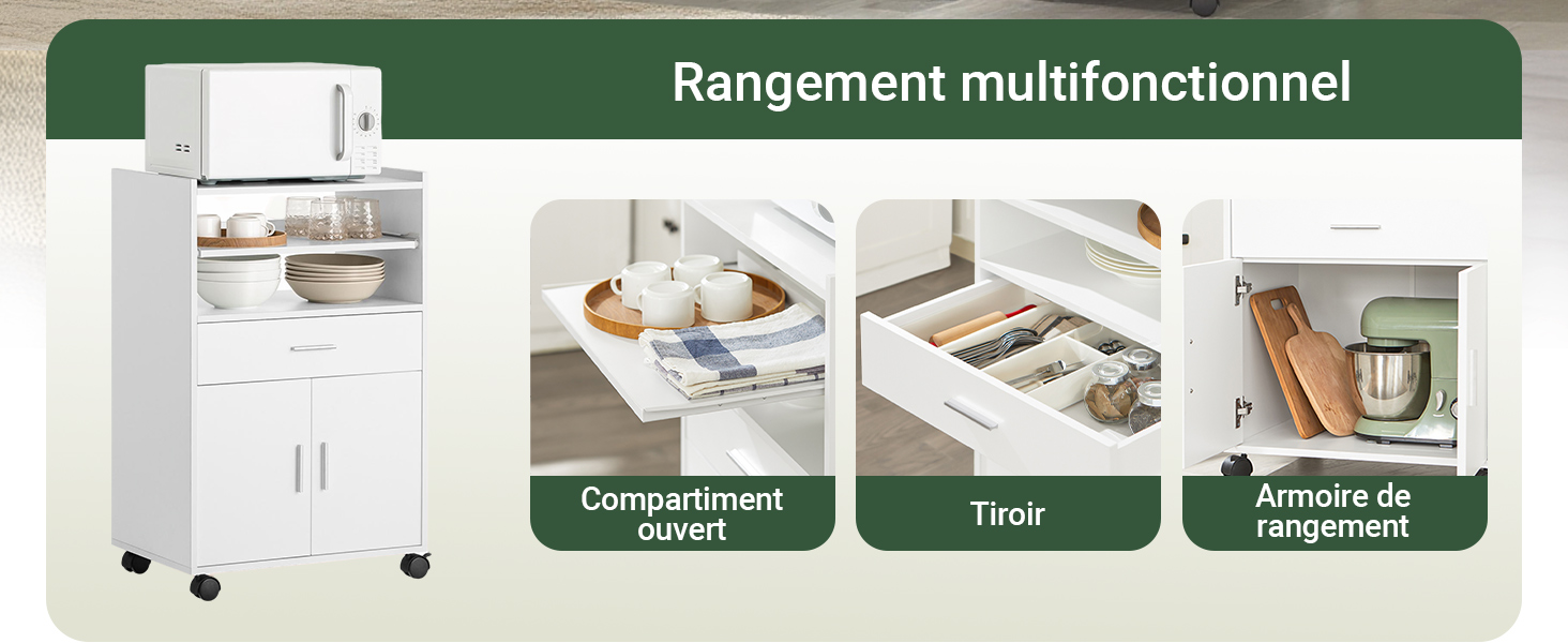 Le texte indique « Image 7 », « Placez divers articles » et « Rangement multifonctionnel ». Plusieurs panneaux présentant des solutions d'organisation du rangement avec différents compartiments et étagères.