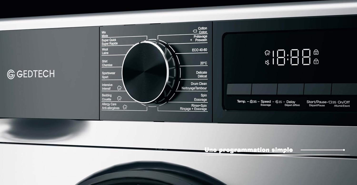 GEDTECH - Lave-linge frontal, 9kg, 1400tr/min, 16 programmes, GLL91400WH