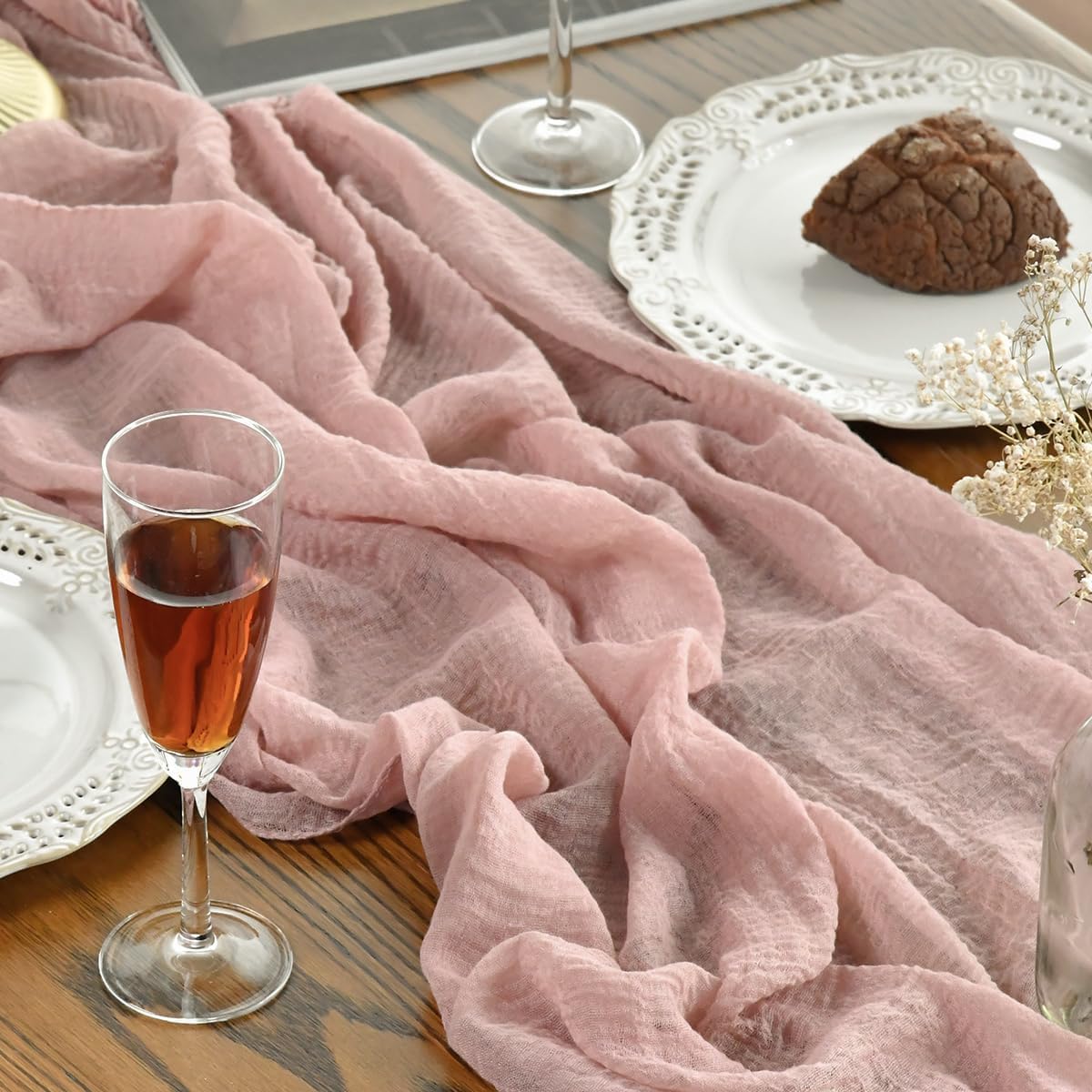 Artoid Mode - Chemin de table bohème - 300 cm - gaze mousseline, rose dusty