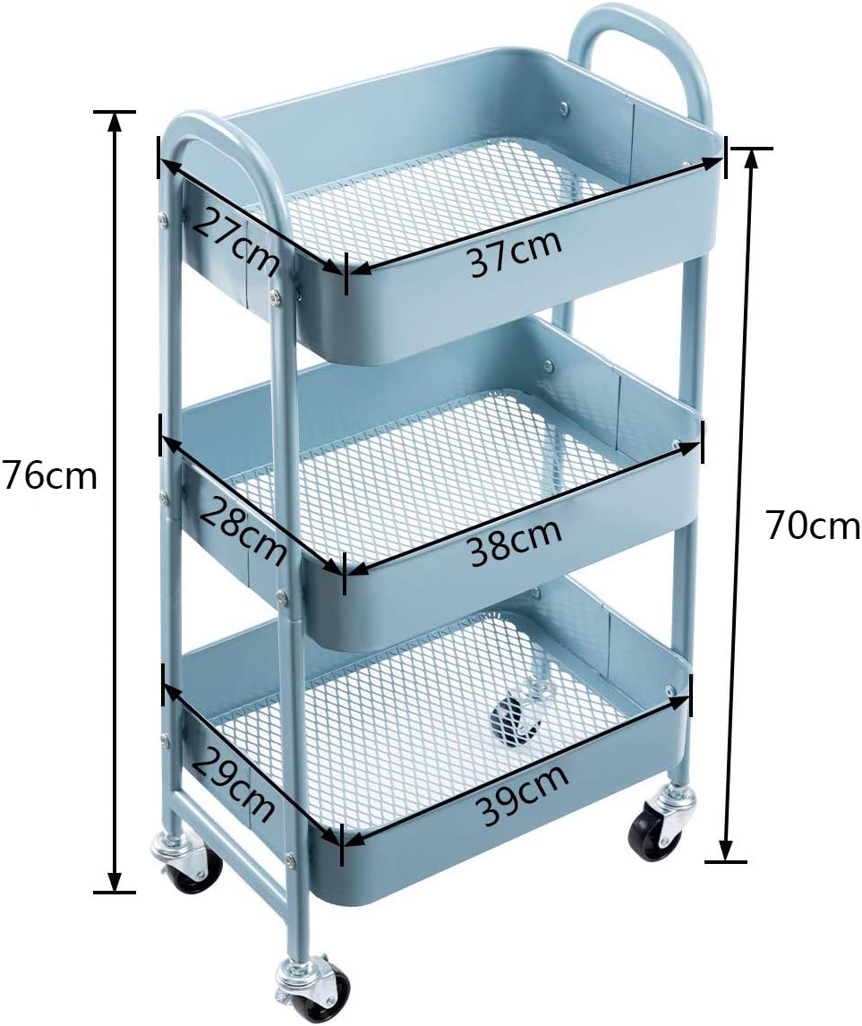 DOEWORKS - chariot métal 3 niveaux gris-bleu, roulettes, rangement mobile