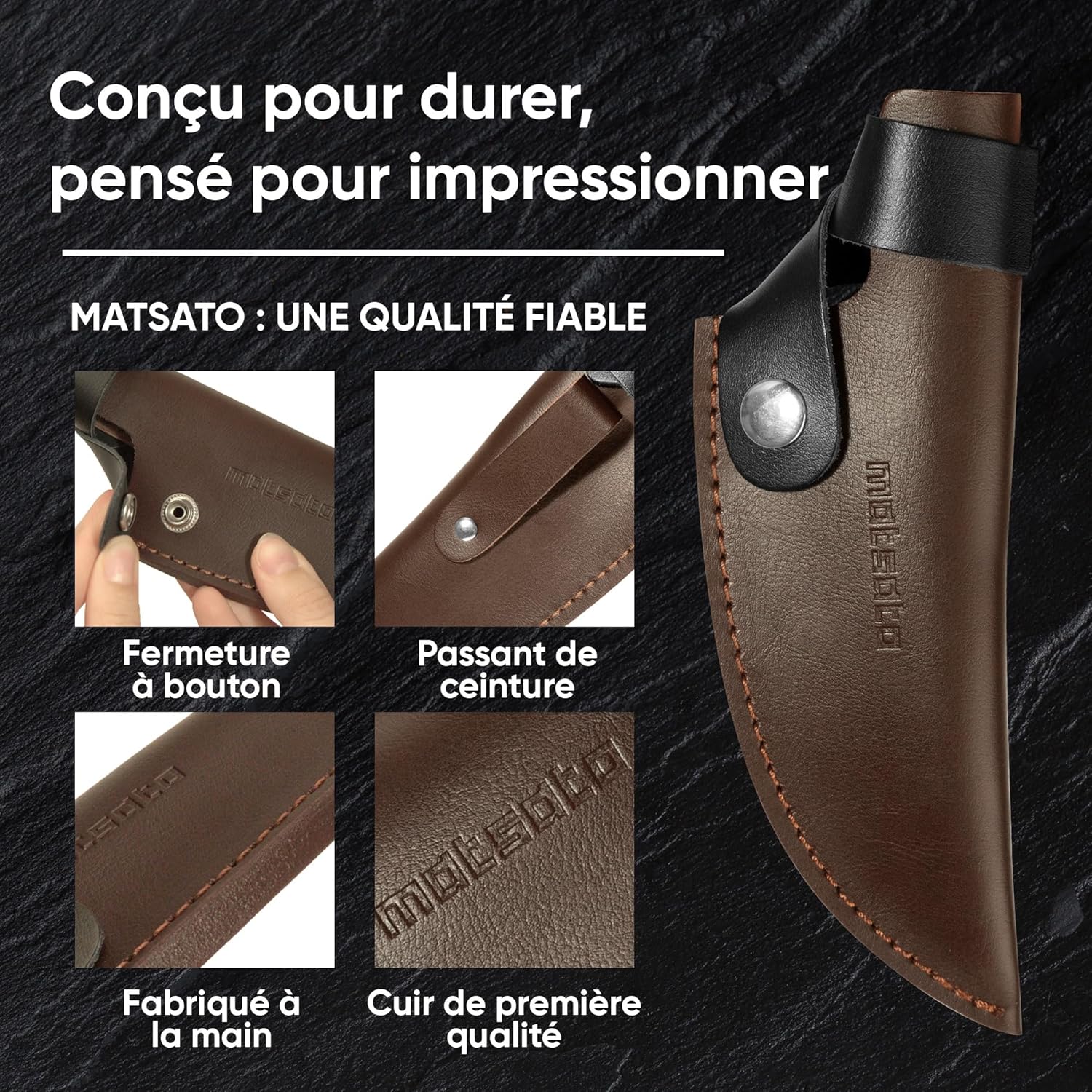 Matsato - Étui couteau cuir véritable - 15,7 cm - protection lame