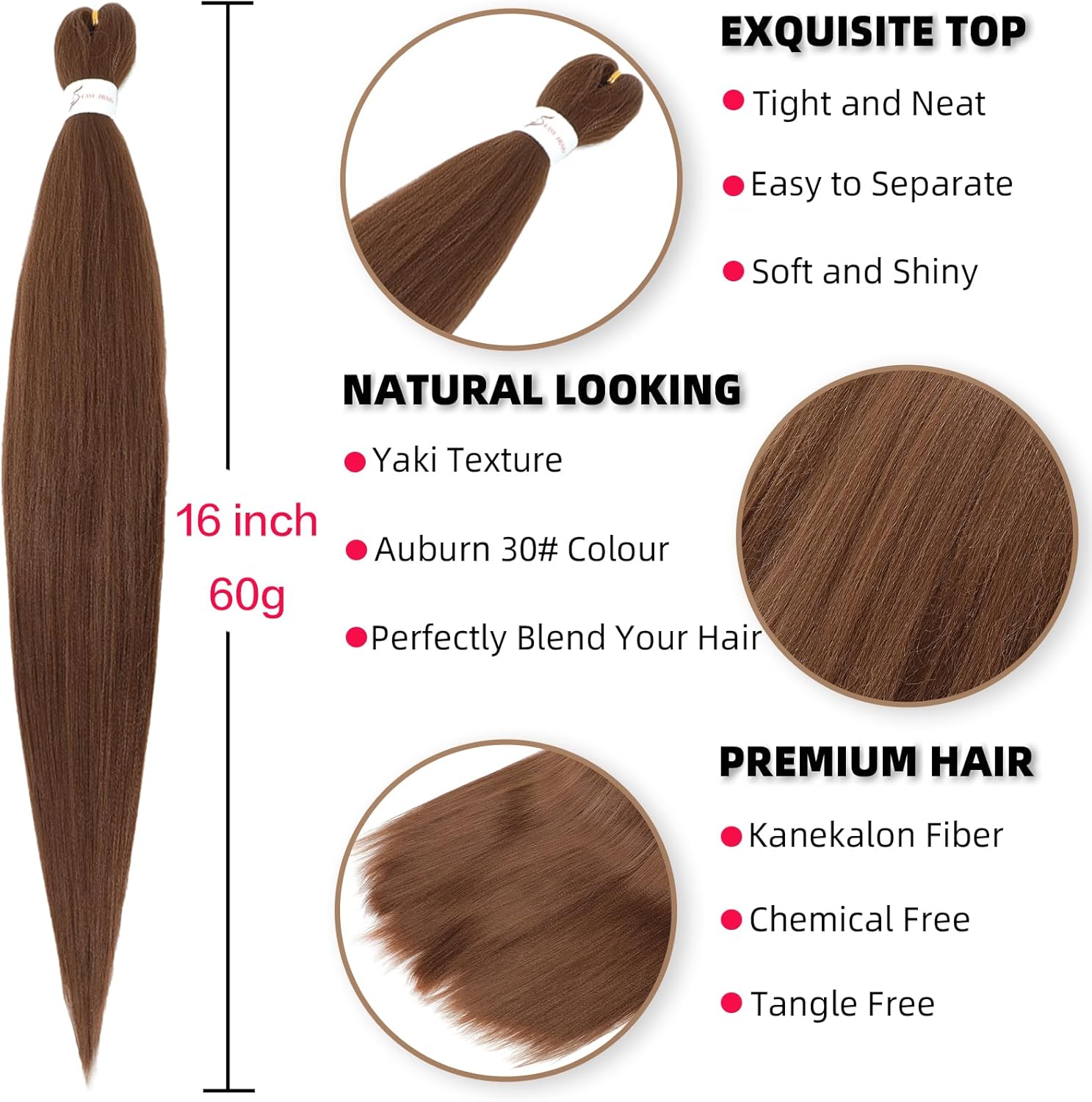 Extensions cheveux courts - 16 pouces - Kanekalon brun, 6 paquets, tressage facile