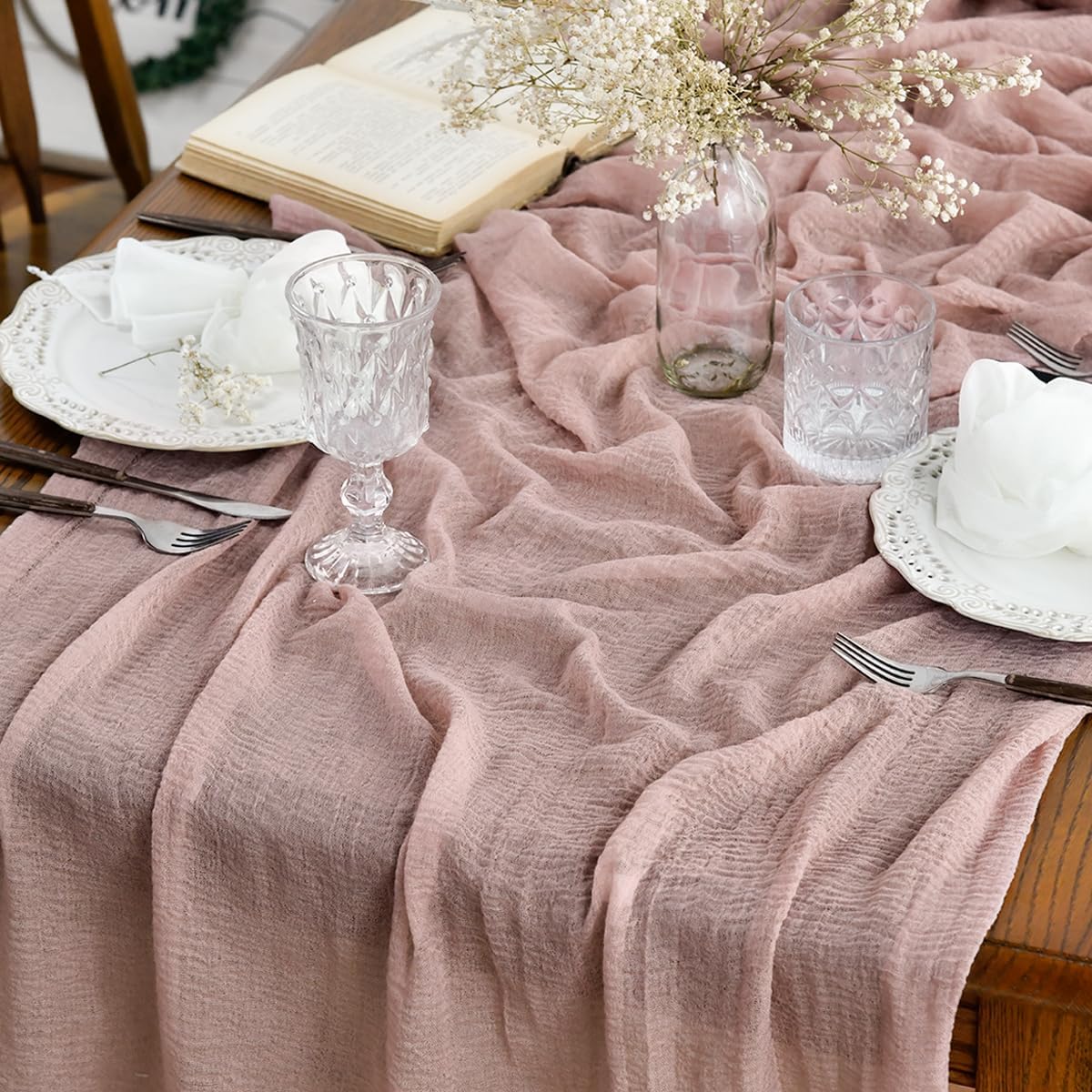 Artoid Mode - Chemin de table bohème - 300 cm - gaze mousseline, rose dusty