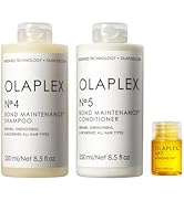 Trois produits Olaplex exposés : deux grandes bouteilles blanches étiquetées « No.4 » et une plus petite bouteille ambrée, disposée sur fond blanc.