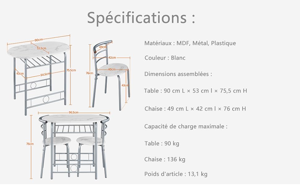 Spécifications pour un ensemble de table et de chaises en MDF blanc, métal et plastique. La table mesure 90 x 53 x 75,5 cm, la chaise 49 x 42 x 76 cm. Charge maximale : table 30 kg, chaise 136