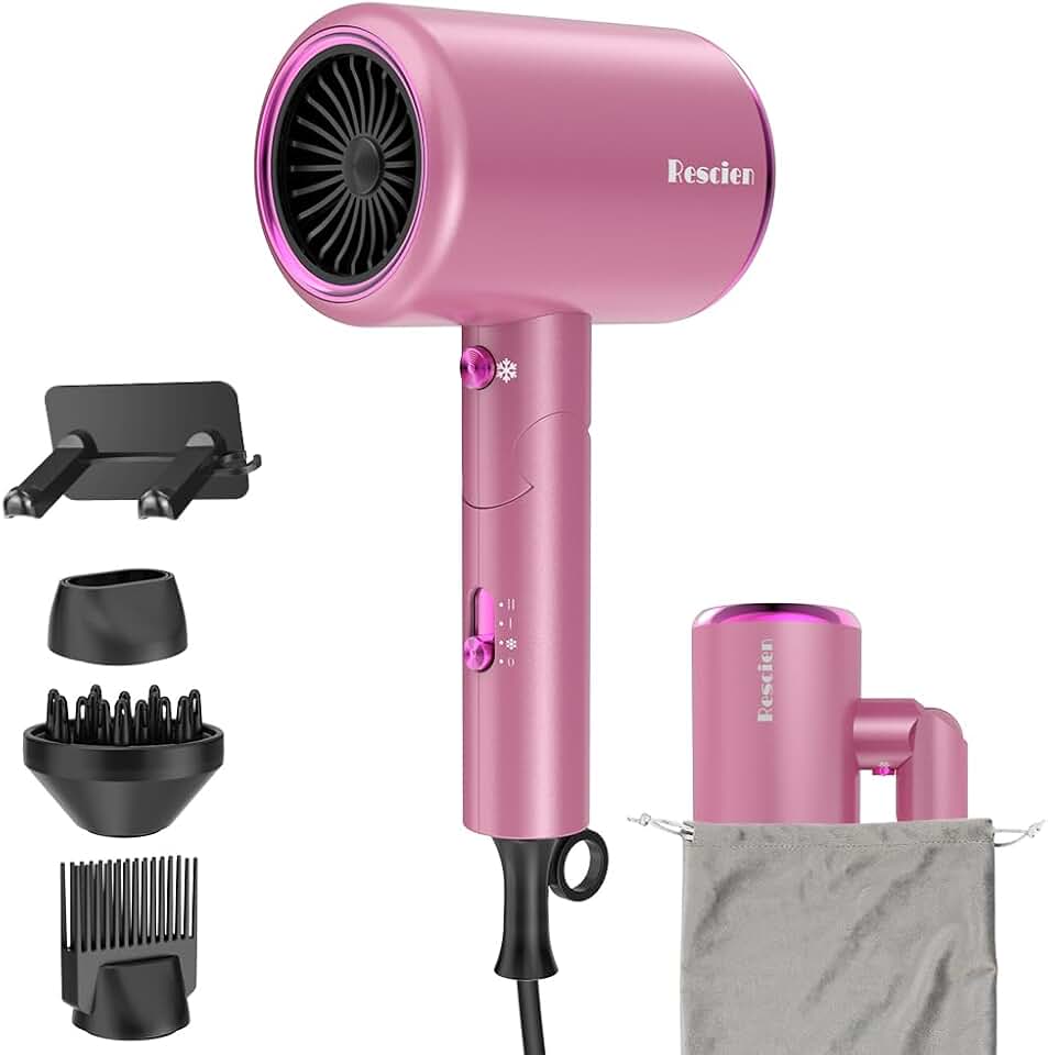 Sèche-cheveux ionique pliable - 2400W, léger, 3 vitesses et accessoires