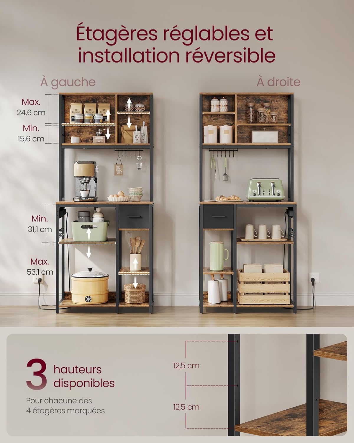 VASAGLE - étagère cuisine série KKS015K03 - 40x80x180 cm - multiprise, étagères réglables, tiroir tissu, 12 crochets