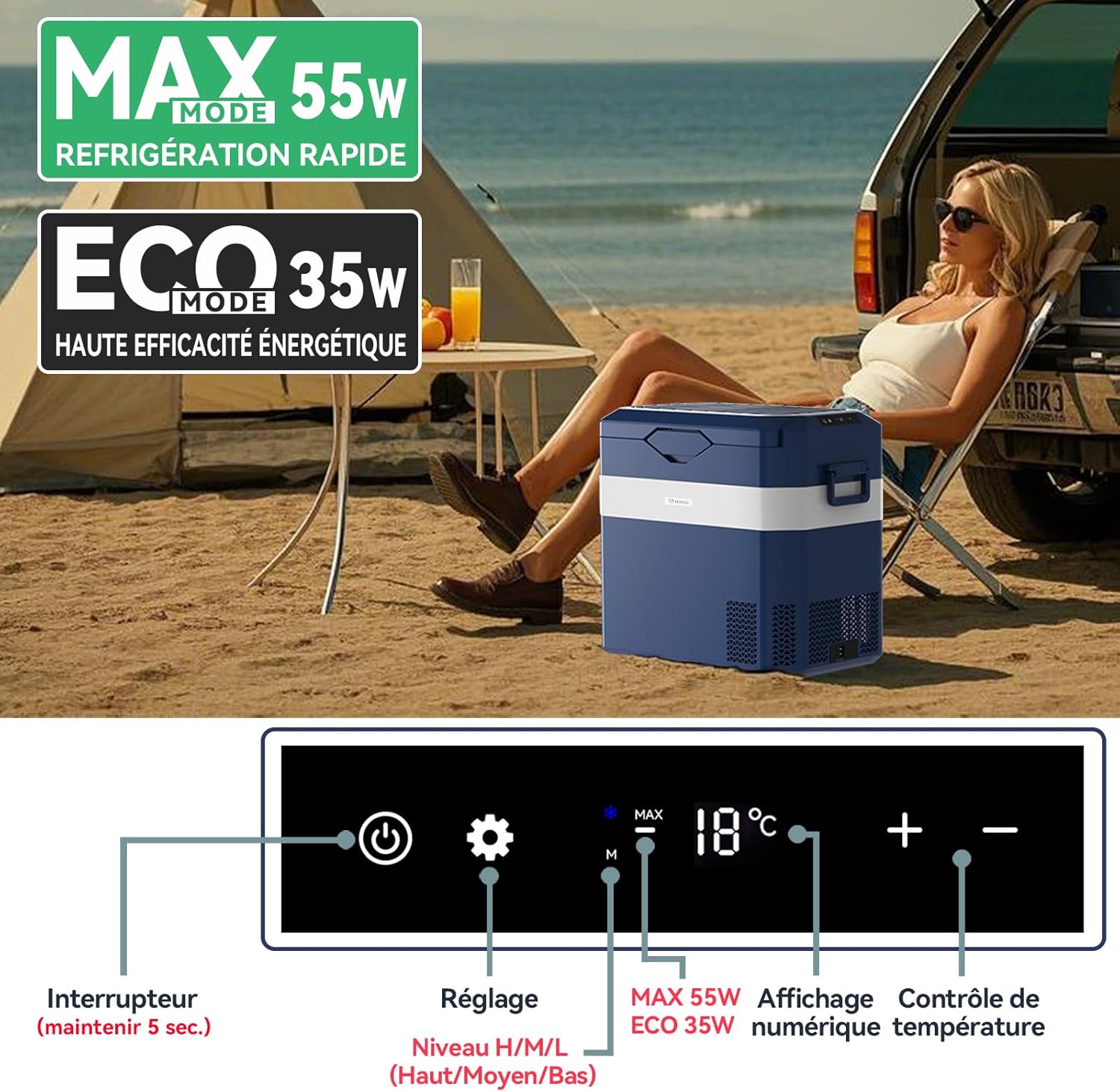 BINGI - glacière électrique 38L - jusqu’à -18°C, multi-voltage, portable