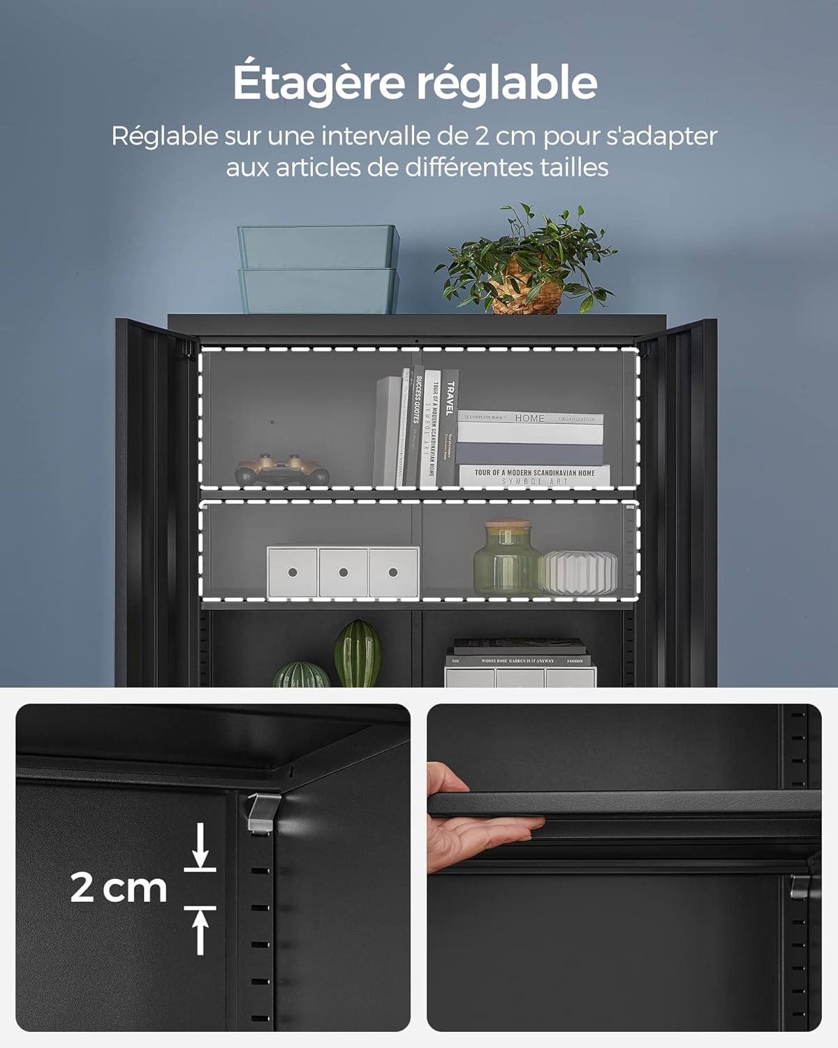 SONGMICS - meuble de rangement acier, 5 niveaux, 40x80x180cm, portes verrouillables, OMC015B01