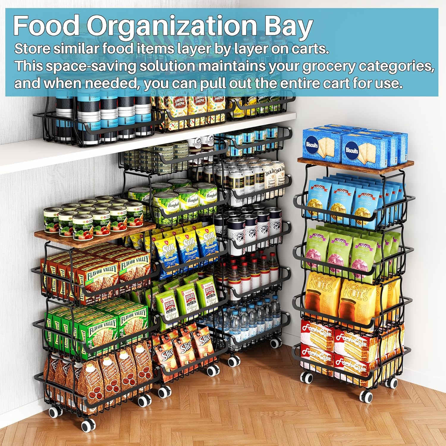 Organisateur de cellier - rangement 6 niveaux - empilable à roulettes, modulable 3+3 à 6+0 - pour cuisine et salle de ba